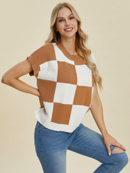 Double Take Full Size Checkered Round Neck Short Sleeve Sweater - Bitsy Gypsy Boutique