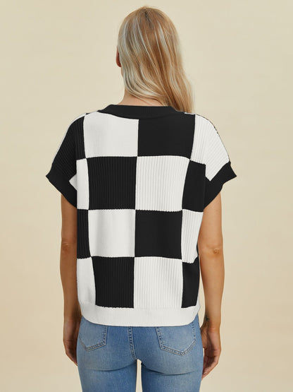 Double Take Full Size Checkered Round Neck Short Sleeve Sweater - Bitsy Gypsy Boutique