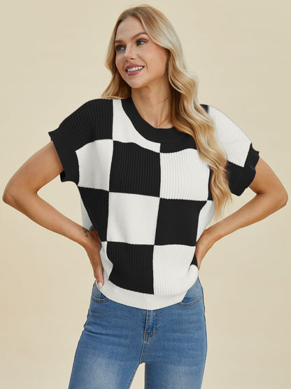 Double Take Full Size Checkered Round Neck Short Sleeve Sweater - Bitsy Gypsy Boutique