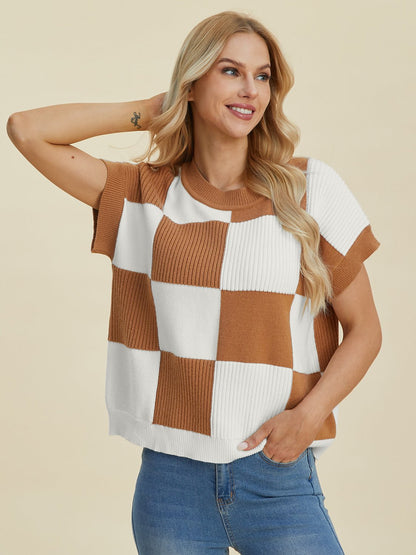 Double Take Full Size Checkered Round Neck Short Sleeve Sweater - Bitsy Gypsy Boutique