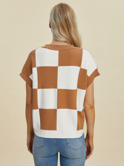Double Take Full Size Checkered Round Neck Short Sleeve Sweater - Bitsy Gypsy Boutique