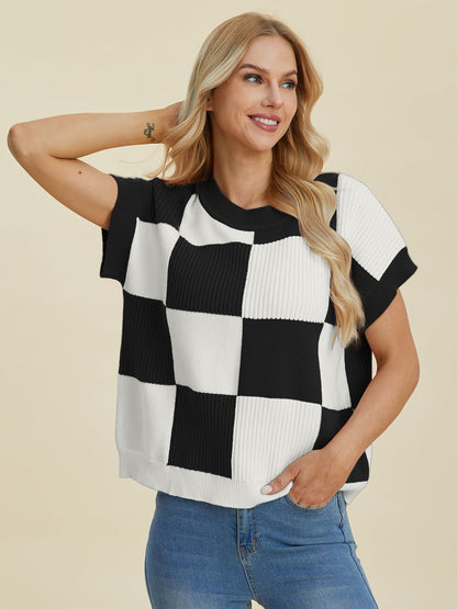 Double Take Full Size Checkered Round Neck Short Sleeve Sweater - Bitsy Gypsy Boutique