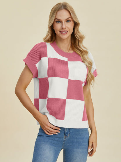 Double Take Full Size Checkered Round Neck Short Sleeve Sweater - Bitsy Gypsy Boutique