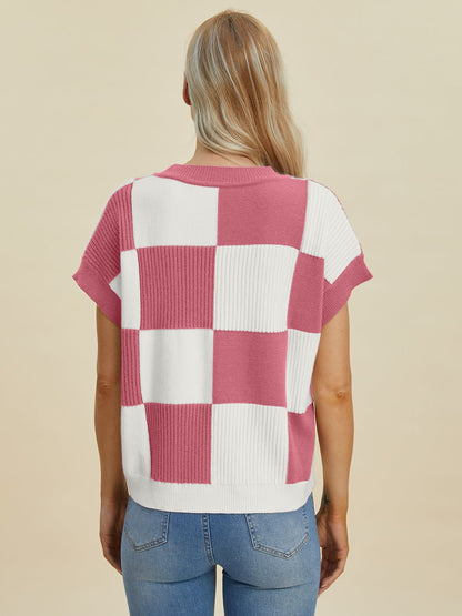Double Take Full Size Checkered Round Neck Short Sleeve Sweater - Bitsy Gypsy Boutique