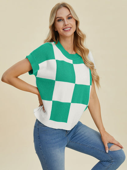 Double Take Full Size Checkered Round Neck Short Sleeve Sweater - Bitsy Gypsy Boutique