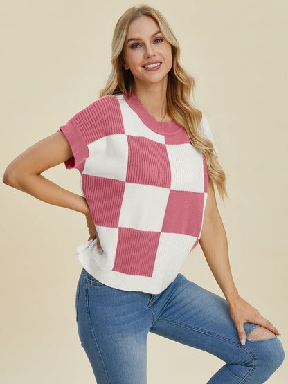 Double Take Full Size Checkered Round Neck Short Sleeve Sweater - Bitsy Gypsy Boutique