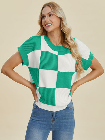 Double Take Full Size Checkered Round Neck Short Sleeve Sweater - Bitsy Gypsy Boutique