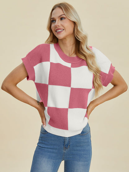 Double Take Full Size Checkered Round Neck Short Sleeve Sweater - Bitsy Gypsy Boutique