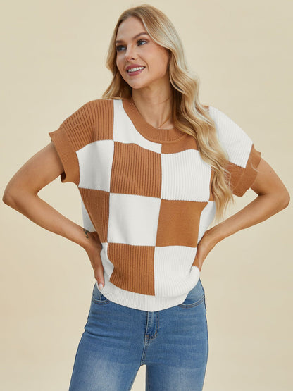 Double Take Full Size Checkered Round Neck Short Sleeve Sweater - Bitsy Gypsy Boutique