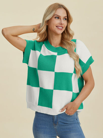 Double Take Full Size Checkered Round Neck Short Sleeve Sweater - Bitsy Gypsy Boutique