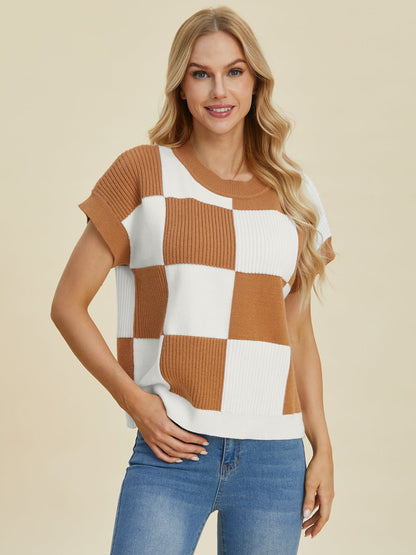 Double Take Full Size Checkered Round Neck Short Sleeve Sweater - Bitsy Gypsy Boutique