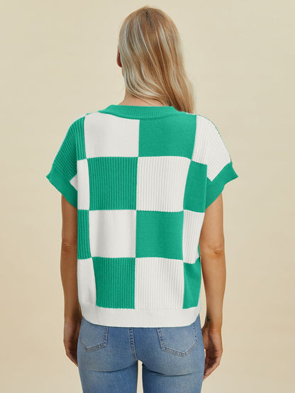 Double Take Full Size Checkered Round Neck Short Sleeve Sweater - Bitsy Gypsy Boutique