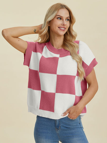 Double Take Full Size Checkered Round Neck Short Sleeve Sweater - Bitsy Gypsy Boutique