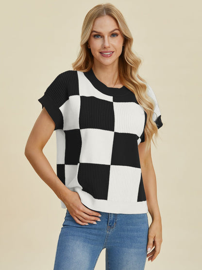 Double Take Full Size Checkered Round Neck Short Sleeve Sweater - Bitsy Gypsy Boutique