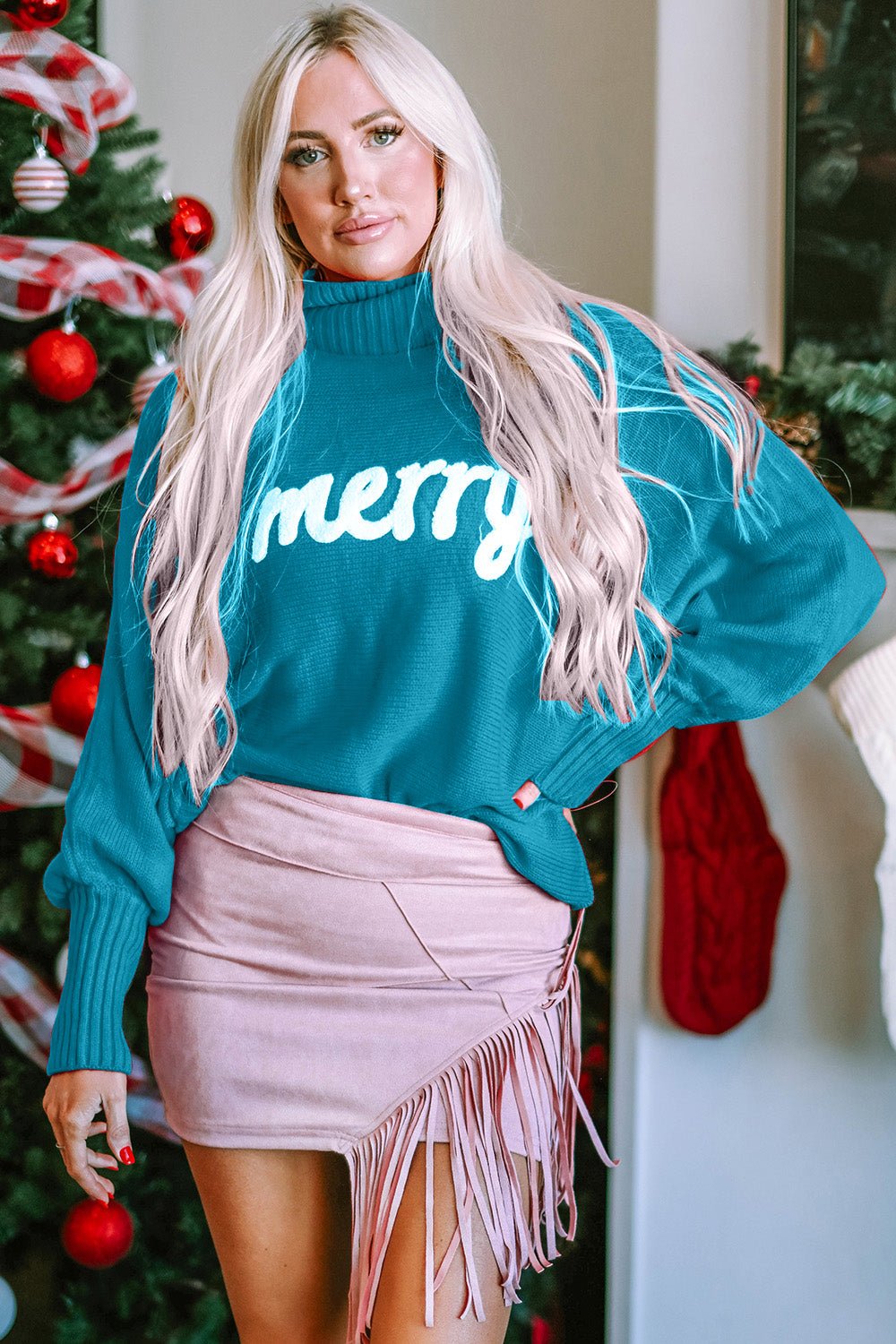 Double Take Full Size Merry Christmas Turtleneck Long Sleeve Sweater - Bitsy Gypsy Boutique