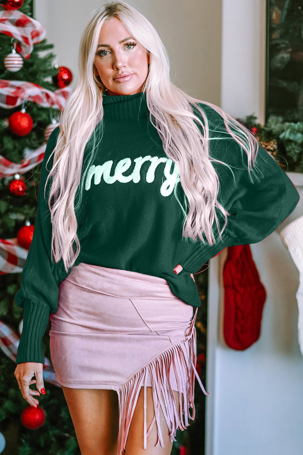 Double Take Full Size Merry Christmas Turtleneck Long Sleeve Sweater - Bitsy Gypsy Boutique