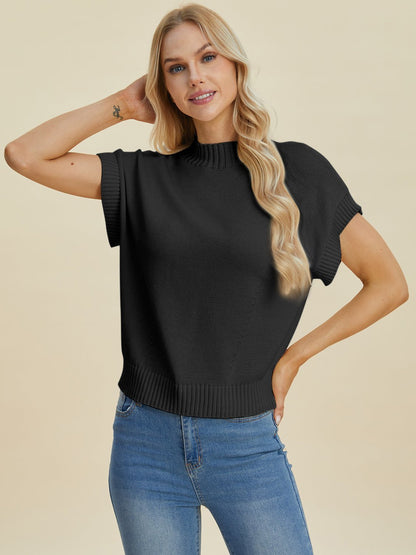 Double Take Full Size Mock Neck Short Sleeve Sweater - Bitsy Gypsy Boutique
