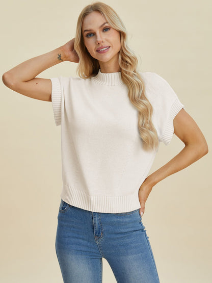 Double Take Full Size Mock Neck Short Sleeve Sweater - Bitsy Gypsy Boutique