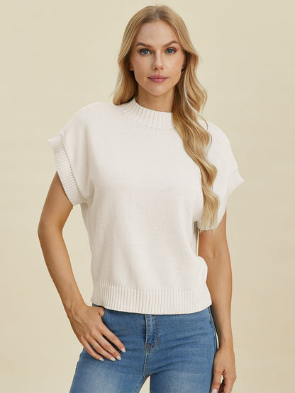 Double Take Full Size Mock Neck Short Sleeve Sweater - Bitsy Gypsy Boutique