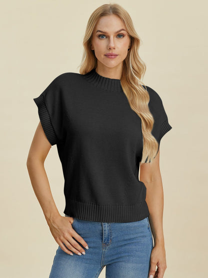 Double Take Full Size Mock Neck Short Sleeve Sweater - Bitsy Gypsy Boutique