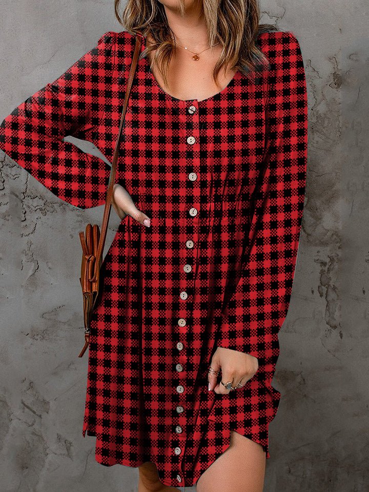 Double Take Full Size Plaid Round Neck Long Sleeve Magic Dress - Bitsy Gypsy Boutique