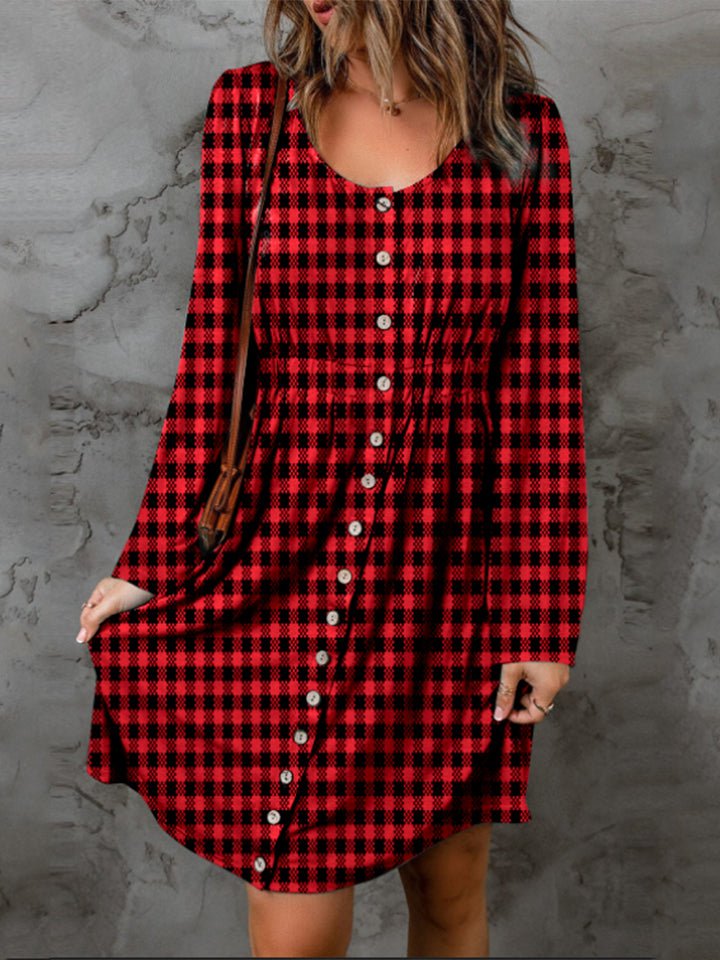 Double Take Full Size Plaid Round Neck Long Sleeve Magic Dress - Bitsy Gypsy Boutique