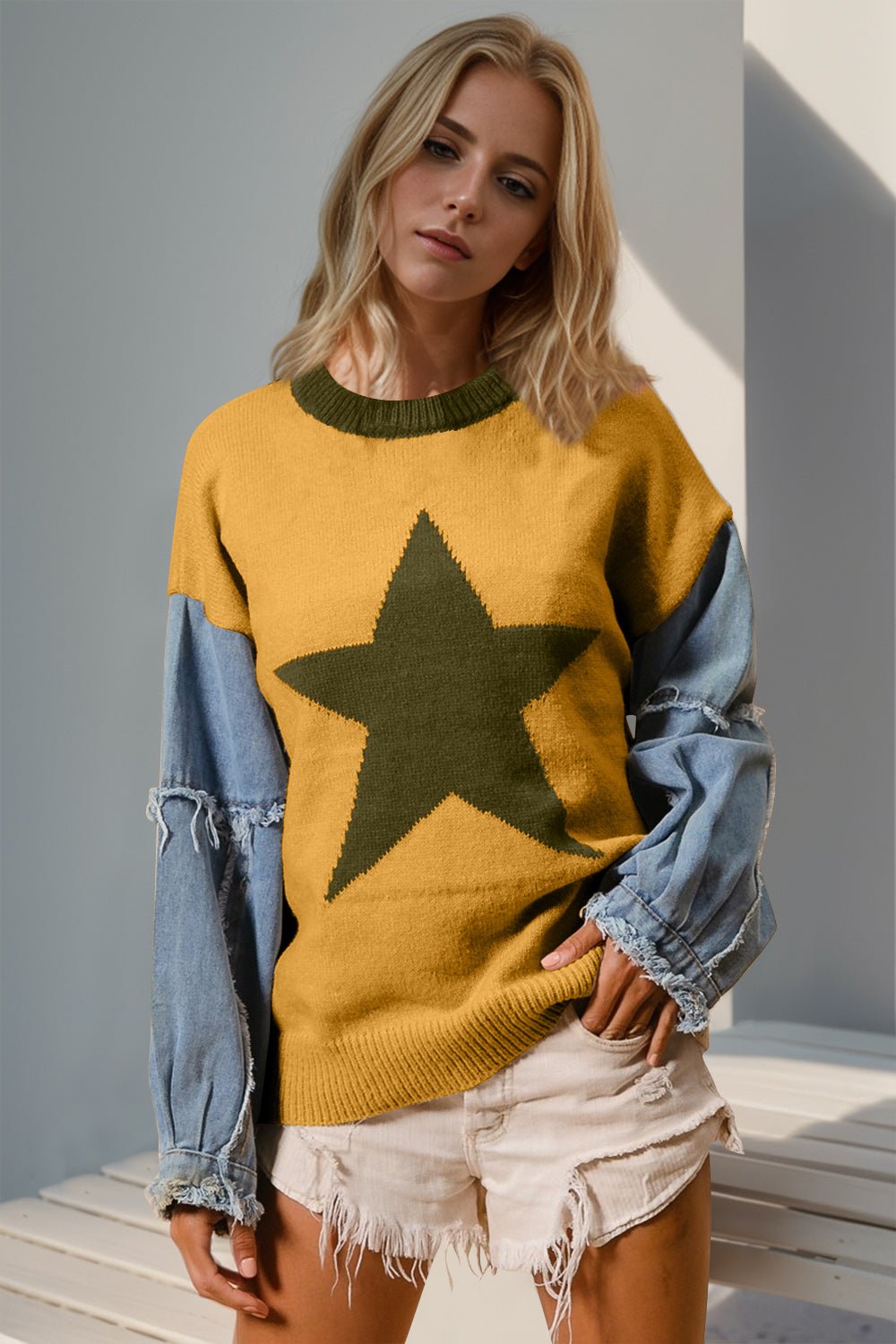 Double Take Full Size Star Pattern Raw Edge Long Sleeve Sweater - Bitsy Gypsy Boutique