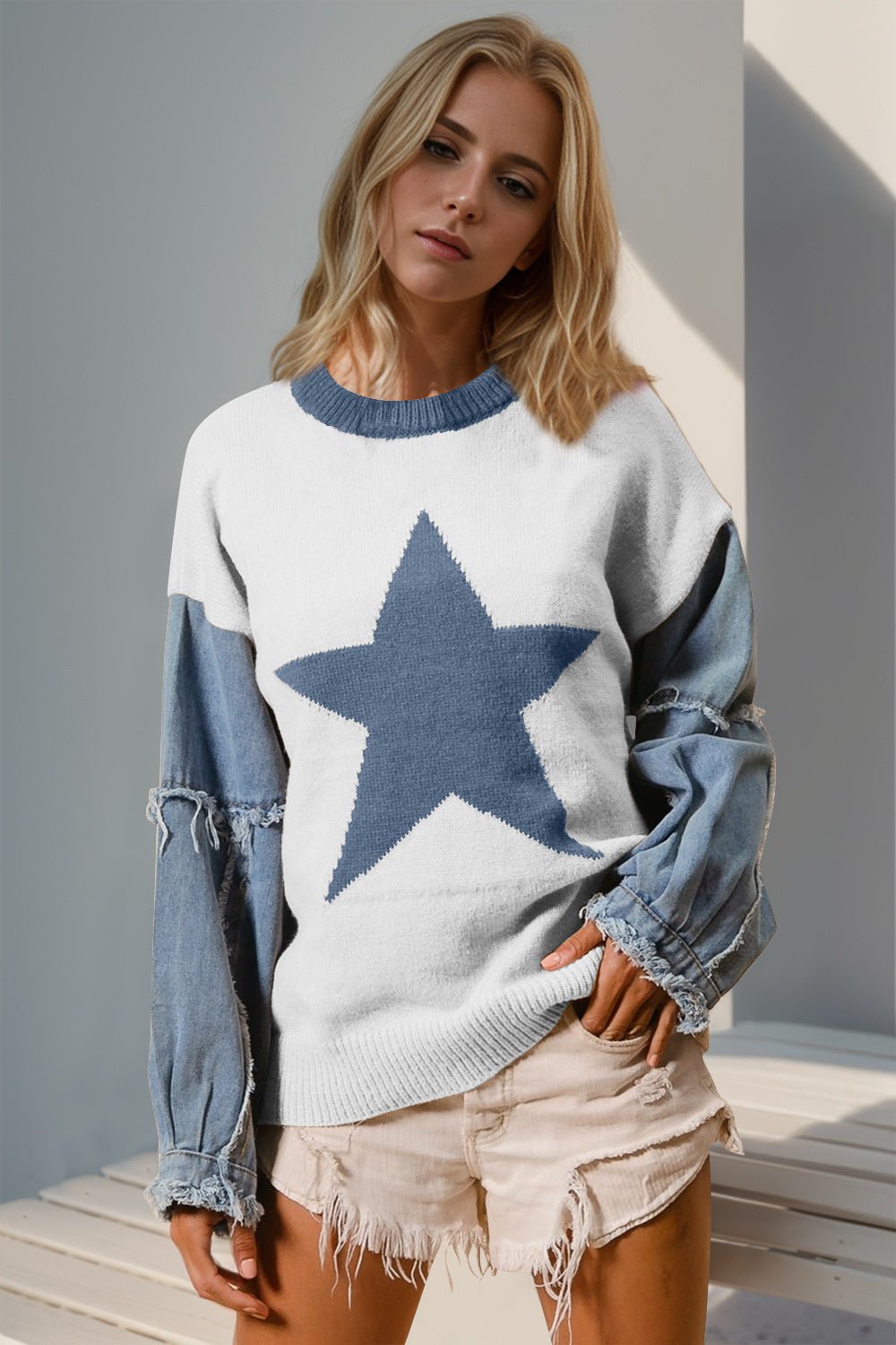 Double Take Full Size Star Pattern Raw Edge Long Sleeve Sweater - Bitsy Gypsy Boutique