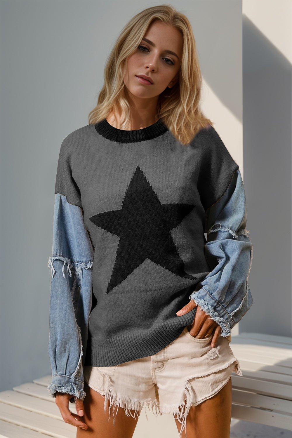 Double Take Full Size Star Pattern Raw Edge Long Sleeve Sweater - Bitsy Gypsy Boutique