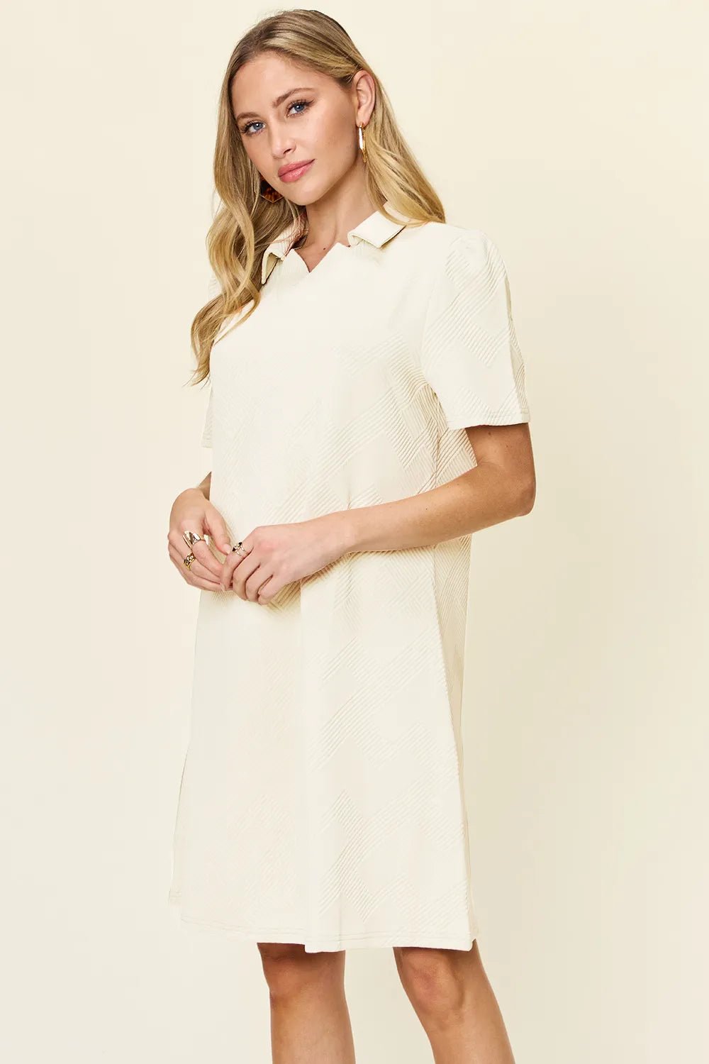 Double Take Full Size Texture Collared Neck Short Sleeve Dress - Bitsy Gypsy Boutique