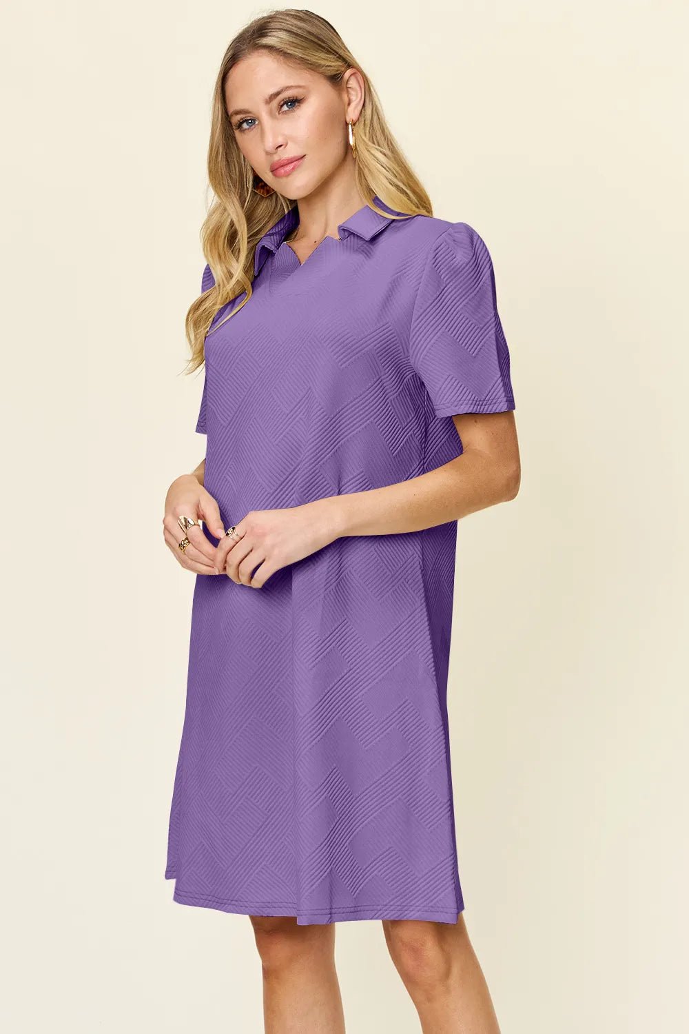 Double Take Full Size Texture Collared Neck Short Sleeve Dress - Bitsy Gypsy Boutique