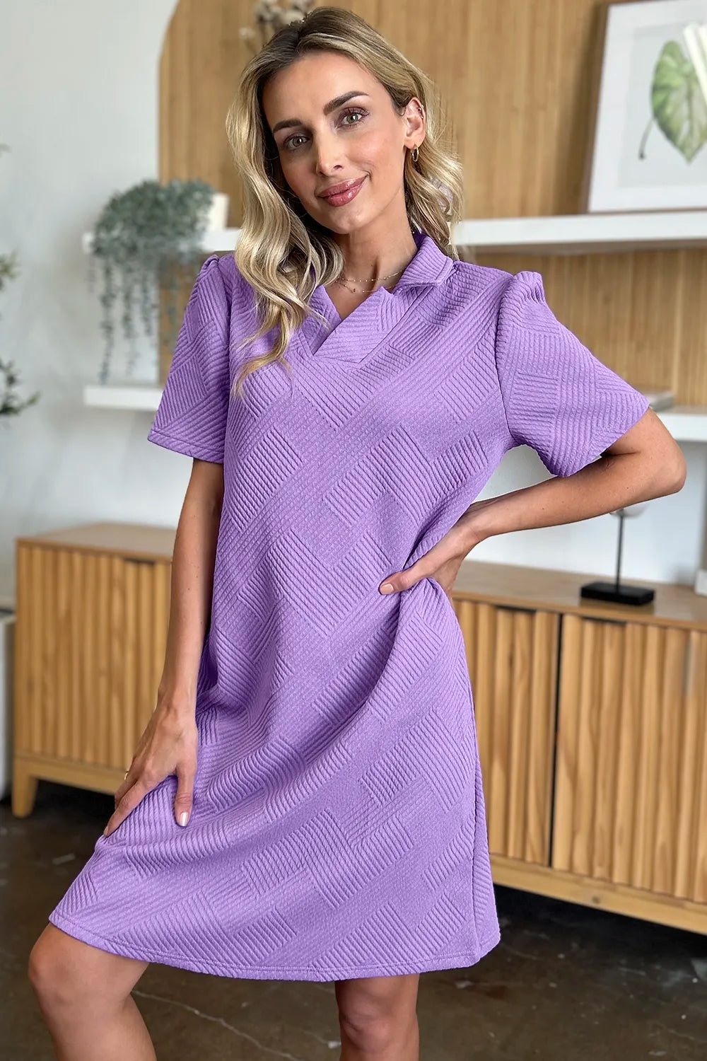 Double Take Full Size Texture Collared Neck Short Sleeve Dress - Bitsy Gypsy Boutique