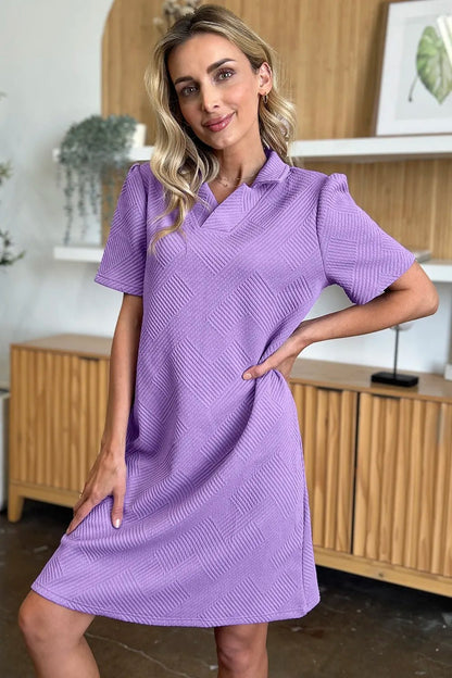 Double Take Full Size Texture Collared Neck Short Sleeve Dress - Bitsy Gypsy Boutique