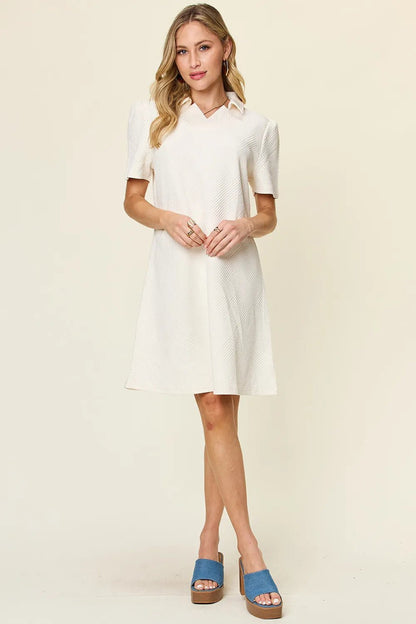 Double Take Full Size Texture Collared Neck Short Sleeve Dress - Bitsy Gypsy Boutique