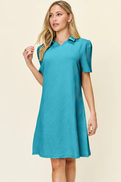 Double Take Full Size Texture Collared Neck Short Sleeve Dress - Bitsy Gypsy Boutique
