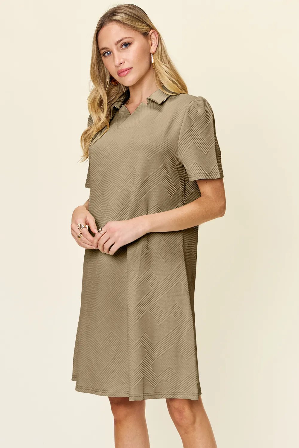 Double Take Full Size Texture Collared Neck Short Sleeve Dress - Bitsy Gypsy Boutique