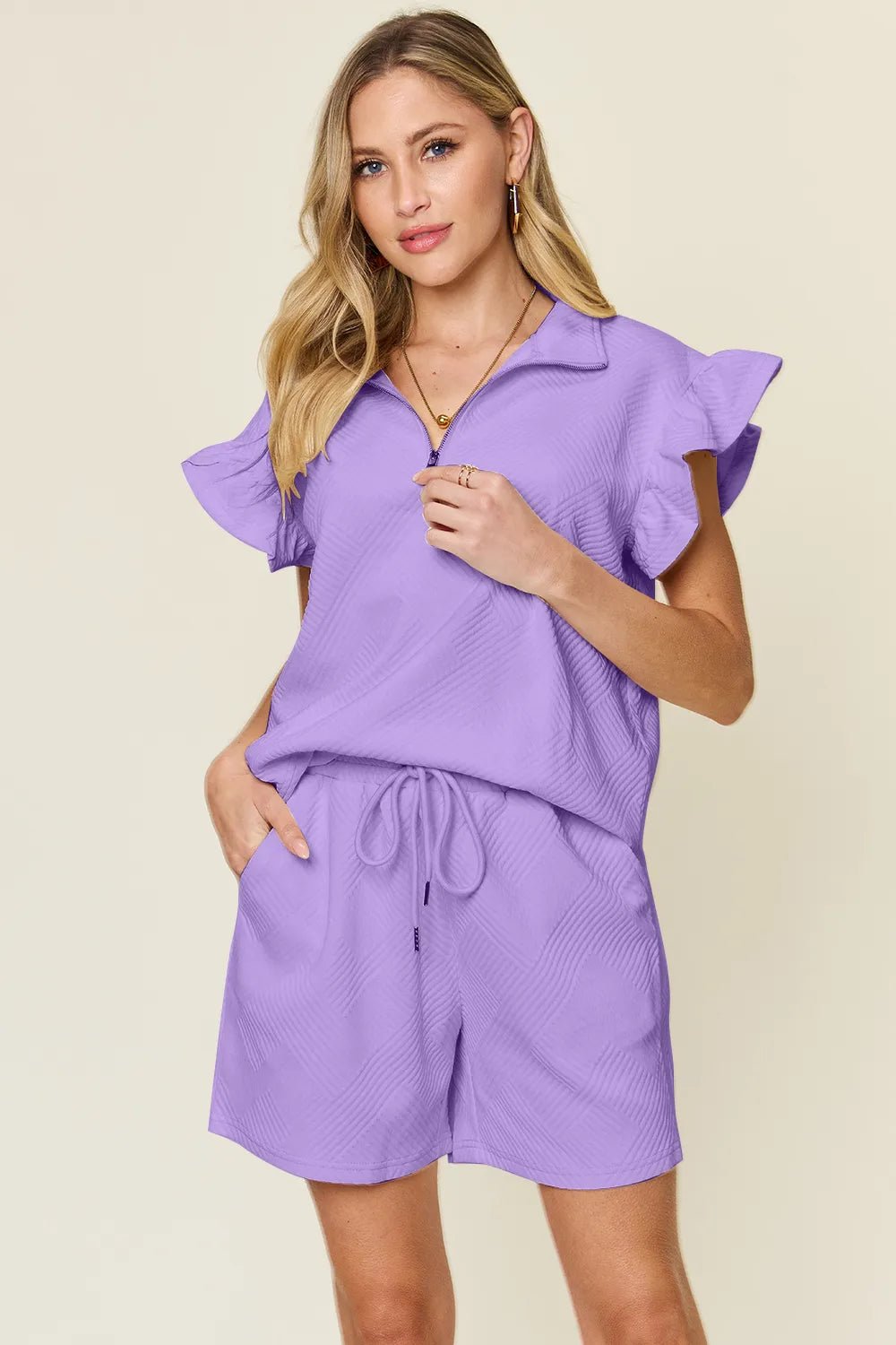 Double Take Full Size Texture Flounce Sleeve Top and Drawstring Shorts Set - Bitsy Gypsy Boutique