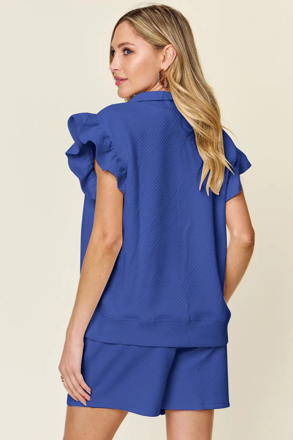 Double Take Full Size Texture Flounce Sleeve Top and Drawstring Shorts Set - Bitsy Gypsy Boutique
