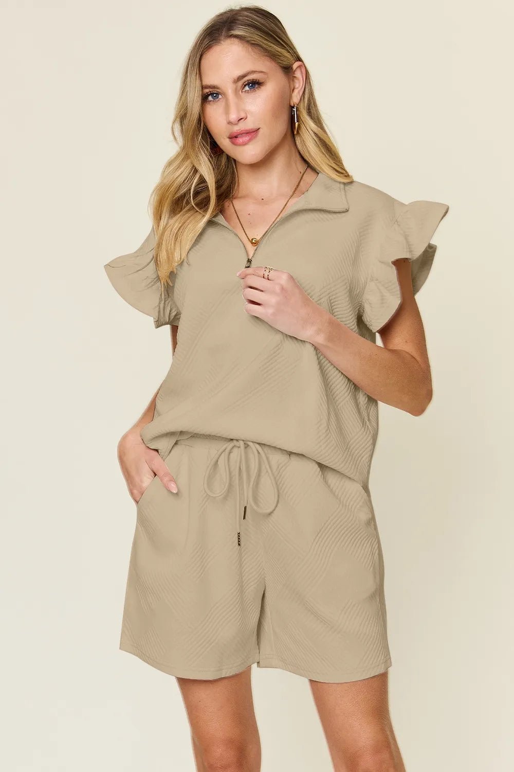 Double Take Full Size Texture Flounce Sleeve Top and Drawstring Shorts Set - Bitsy Gypsy Boutique