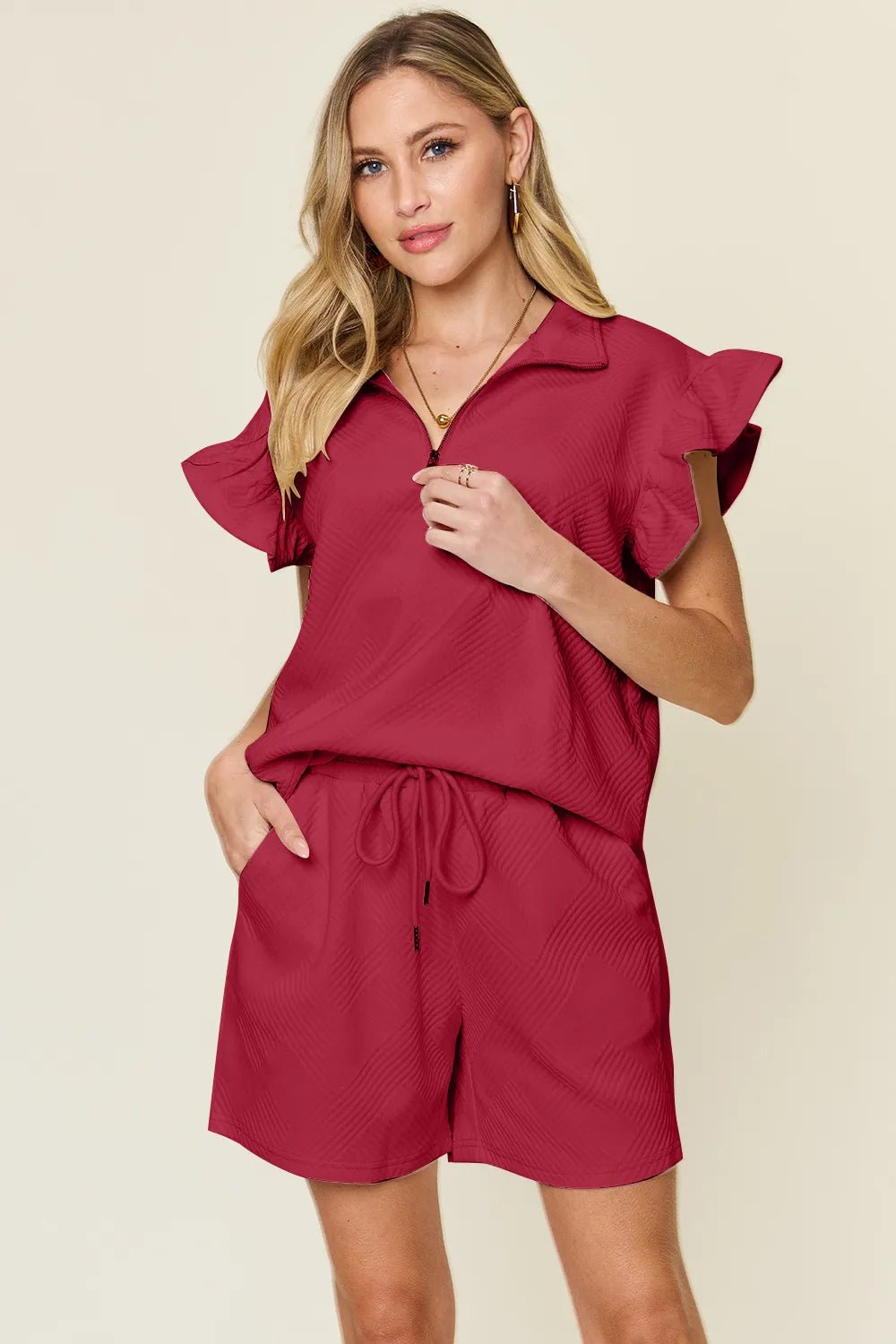 Double Take Full Size Texture Flounce Sleeve Top and Drawstring Shorts Set - Bitsy Gypsy Boutique
