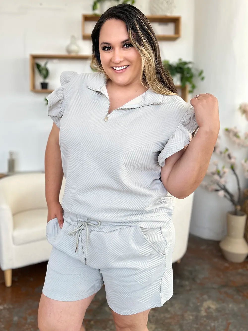 Double Take Full Size Texture Flounce Sleeve Top and Drawstring Shorts Set - Bitsy Gypsy Boutique