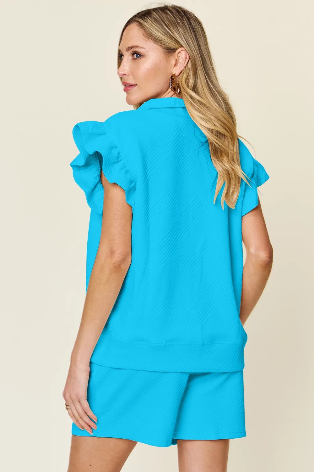 Double Take Full Size Texture Flounce Sleeve Top and Drawstring Shorts Set - Bitsy Gypsy Boutique