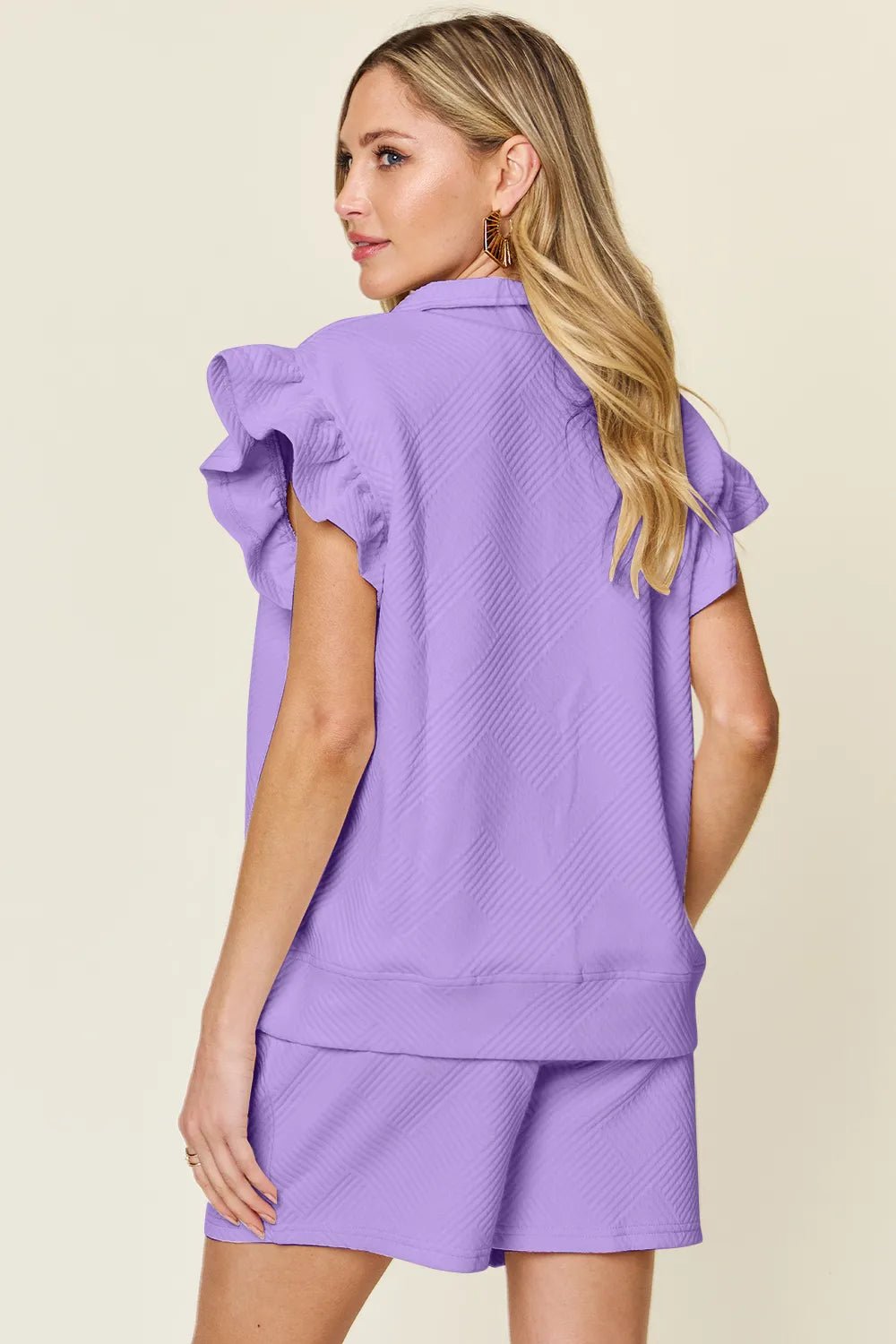 Double Take Full Size Texture Flounce Sleeve Top and Drawstring Shorts Set - Bitsy Gypsy Boutique