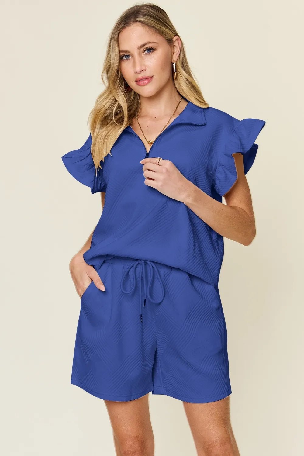 Double Take Full Size Texture Flounce Sleeve Top and Drawstring Shorts Set - Bitsy Gypsy Boutique