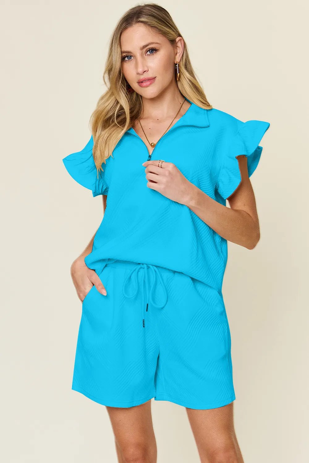 Double Take Full Size Texture Flounce Sleeve Top and Drawstring Shorts Set - Bitsy Gypsy Boutique