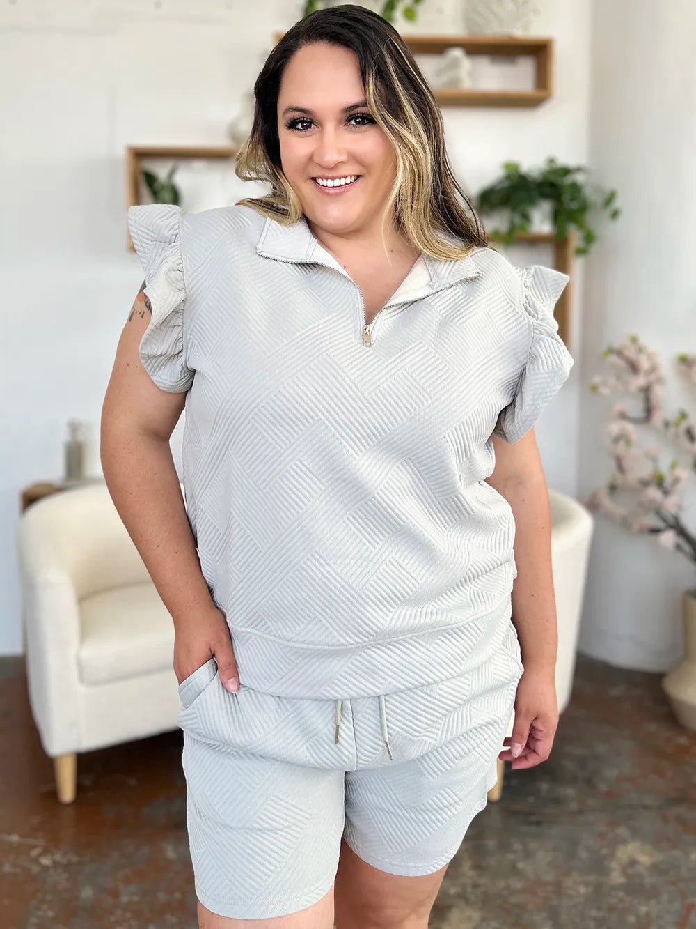 Double Take Full Size Texture Flounce Sleeve Top and Drawstring Shorts Set - Bitsy Gypsy Boutique