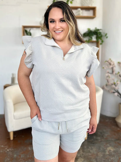 Double Take Full Size Texture Flounce Sleeve Top and Drawstring Shorts Set - Bitsy Gypsy Boutique
