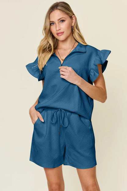 Double Take Full Size Texture Flounce Sleeve Top and Drawstring Shorts Set - Bitsy Gypsy Boutique