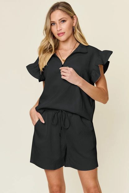 Double Take Full Size Texture Flounce Sleeve Top and Drawstring Shorts Set - Bitsy Gypsy Boutique