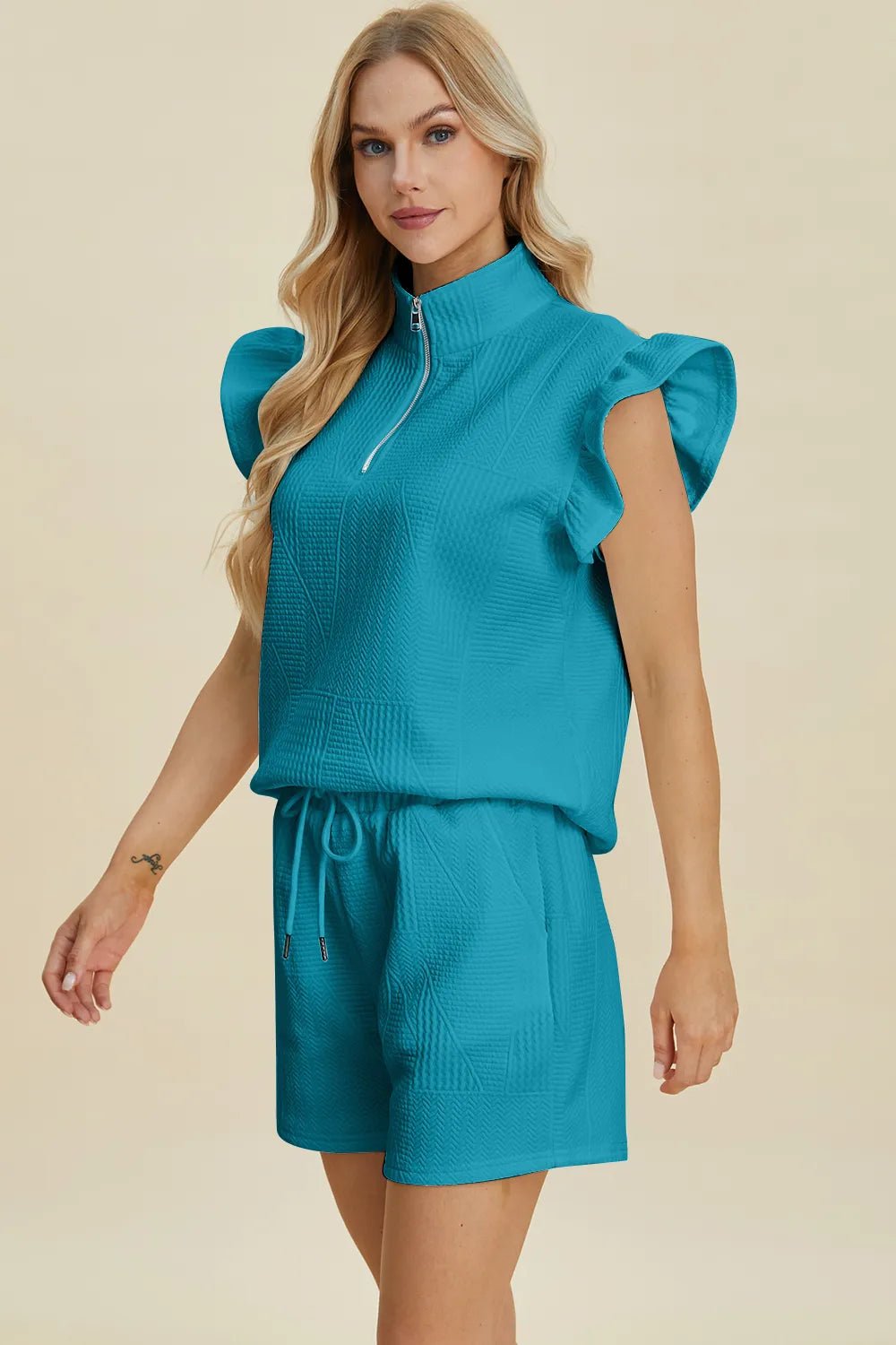 Double Take Full Size Texture Flounce Sleeve Top and Shorts Set - Bitsy Gypsy Boutique